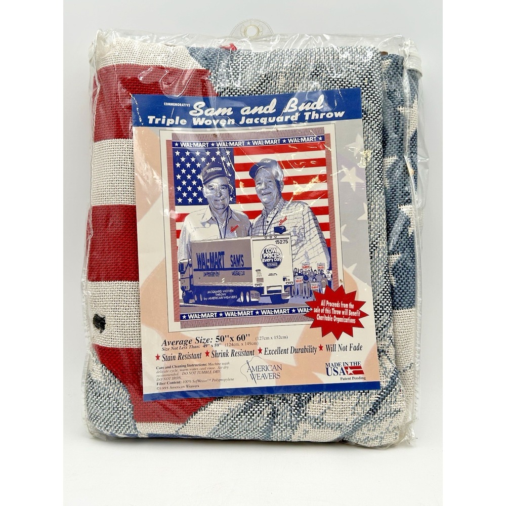VTG 90s Wal-Mart Sam & Bud Walton Woven Jacquard Throw Blanket American Weaver